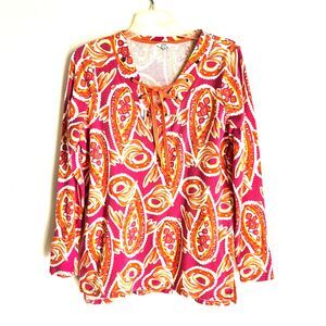 Crown & Ivy Top Womens Medium Orange Pink Paisley Lace-Up V-Neck Retro 70s Shirt